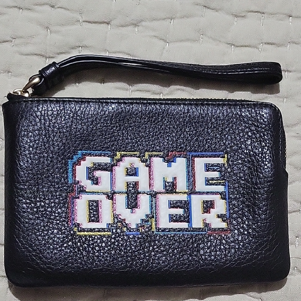 Coach Pac-Man Black Pebbled Leather Wristlet with 'Game Over' Design